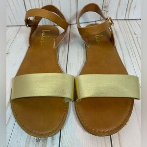 Lulus Womens Metallic Gold and Tan Ankle‎ Strap Flat Sandals Size 8
